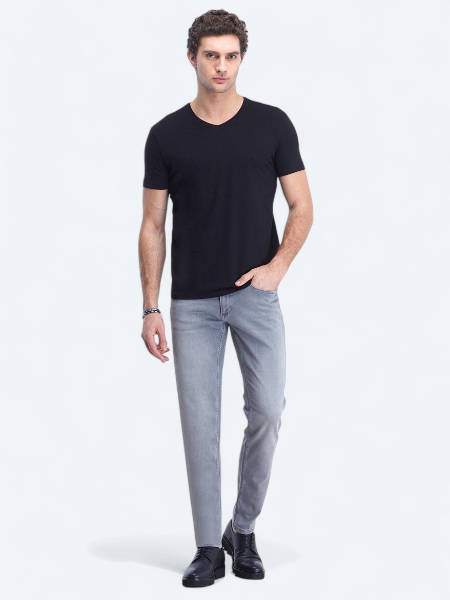 Black V-Neck Cotton Blended T-Shirt - 2