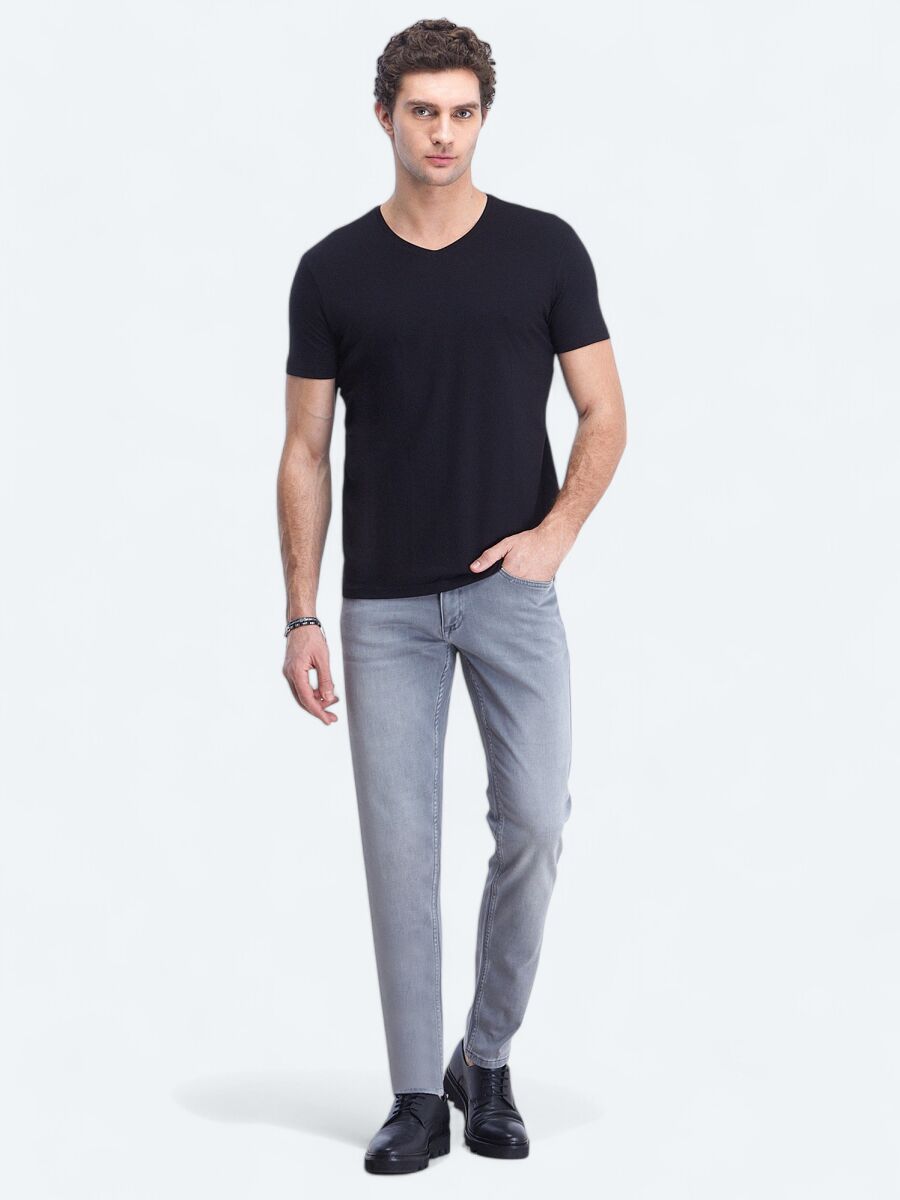 Black V-Neck Cotton Blended T-Shirt - 2