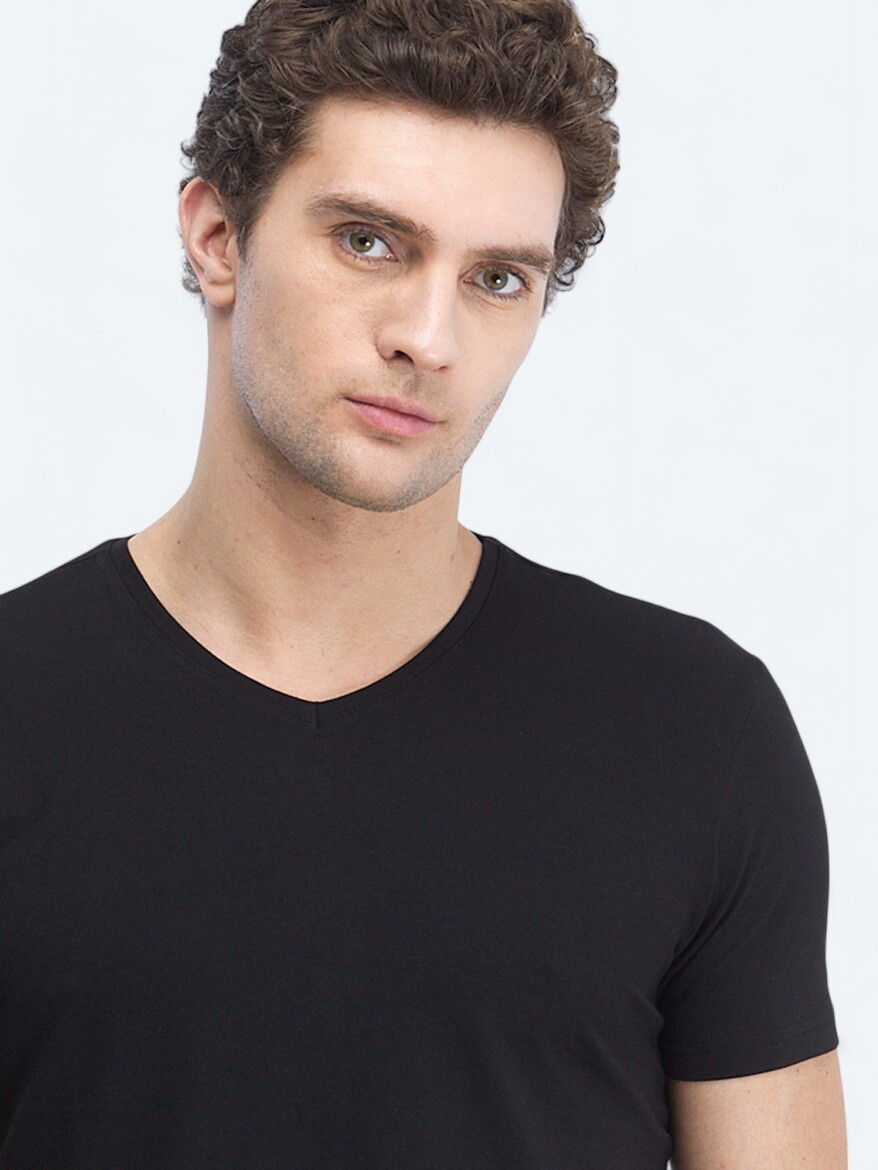 Black V-Neck Cotton Blended T-Shirt - 3