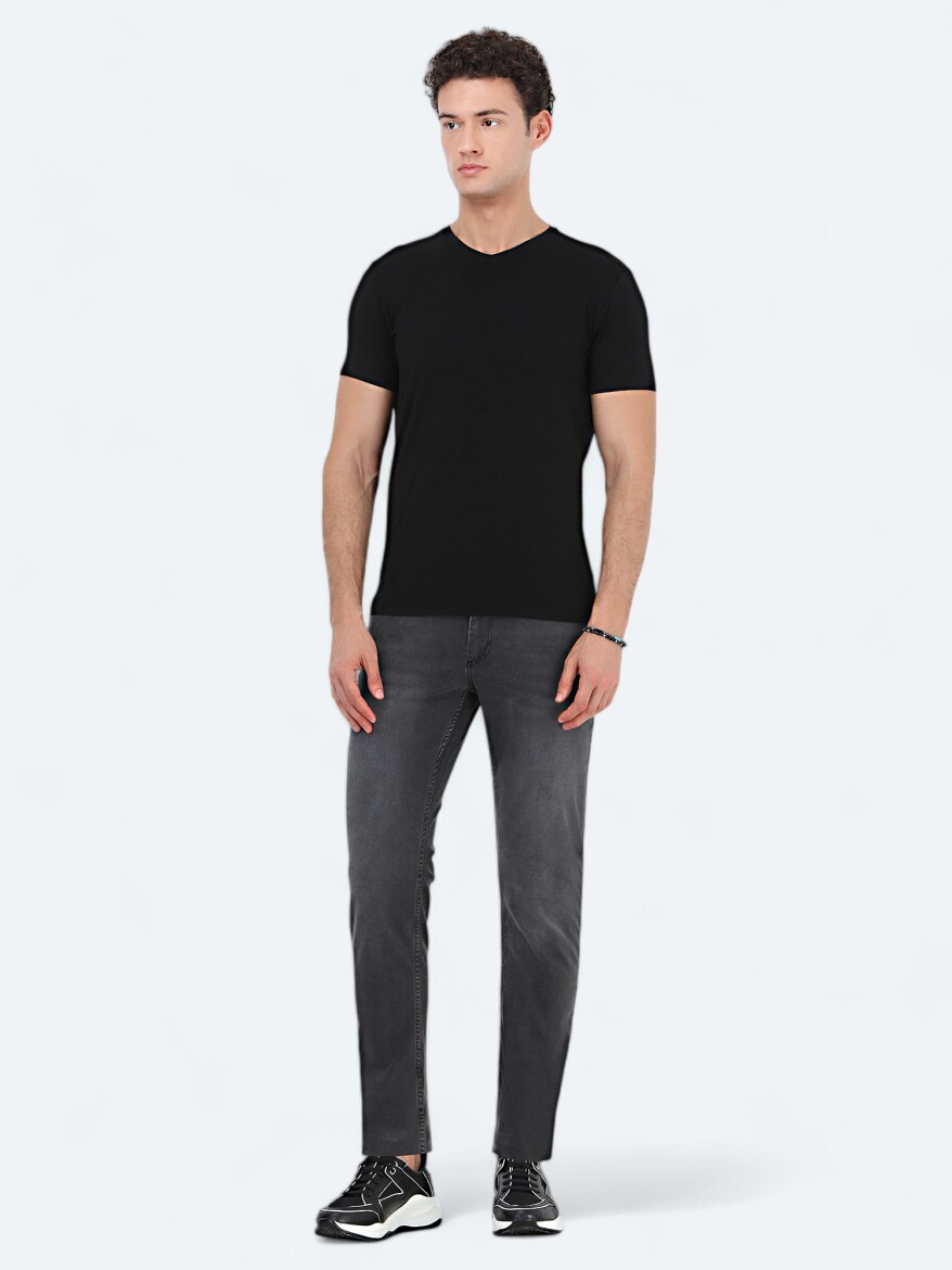 Black V-Neck Cotton Blended T-Shirt - 2