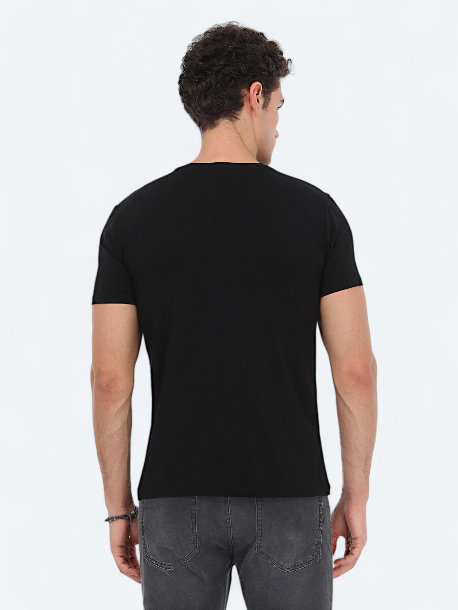 Black V-Neck Cotton Blended T-Shirt - 4