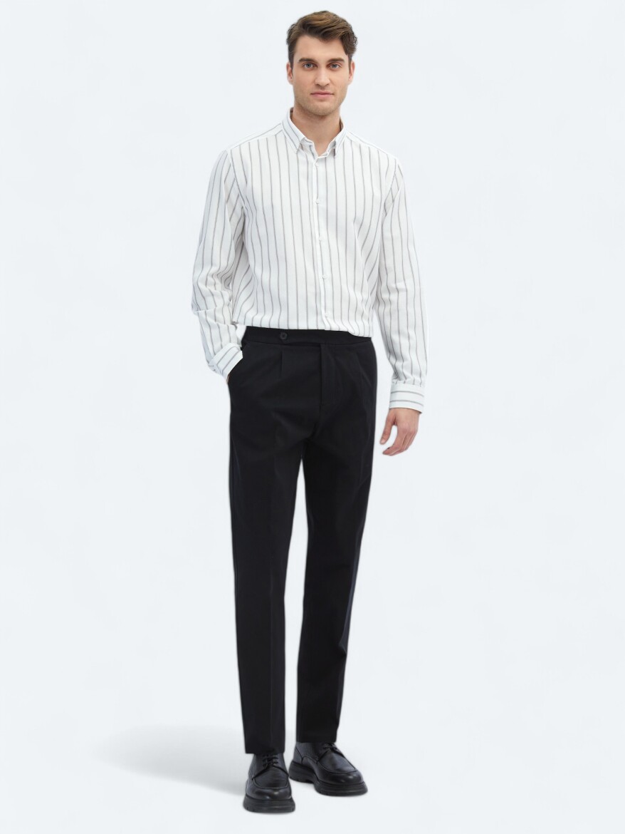 Black Weaving Carrot Fit Casual Cotton Blended Trousers - KİP