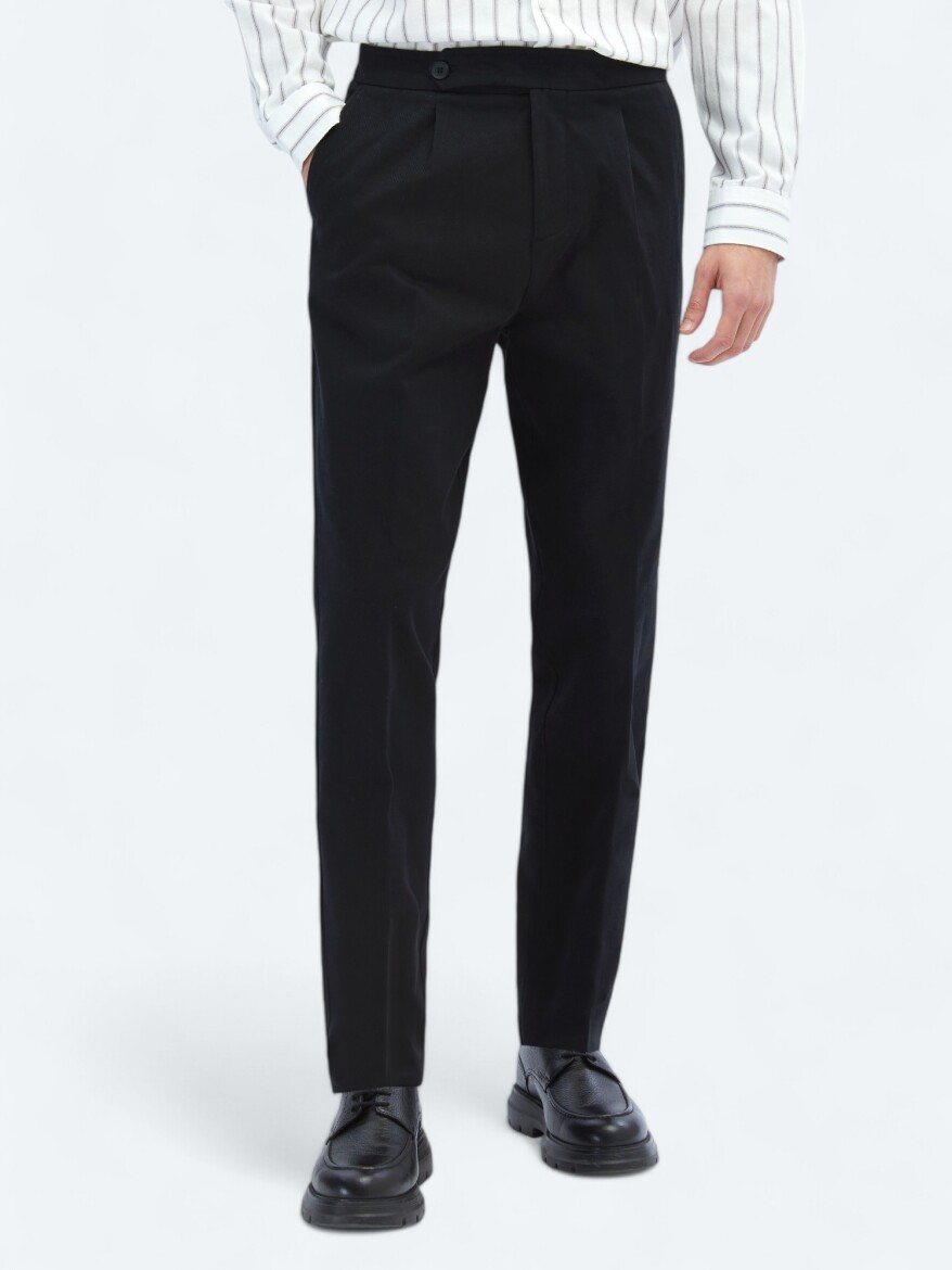 Black Weaving Carrot Fit Casual Cotton Blended Trousers - KİP