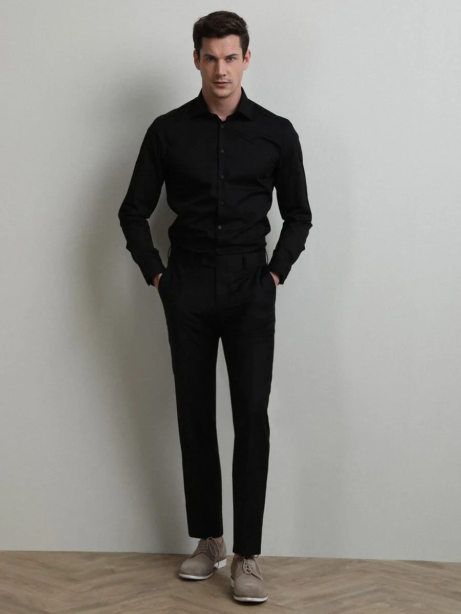 Black Weaving Fitted Fit Classical Wool Blended Trousers - 3