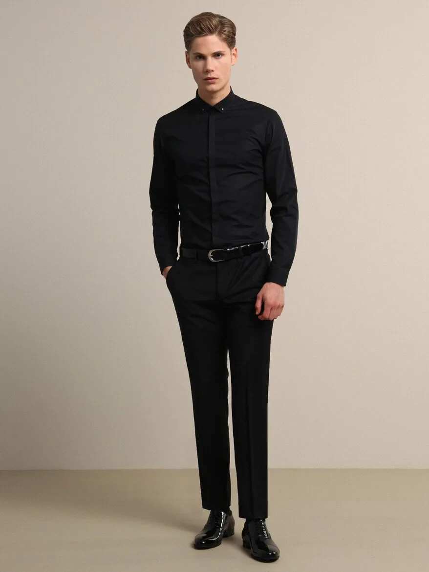 Black Weaving Fitted Fit Classical Wool Blended Trousers - 1