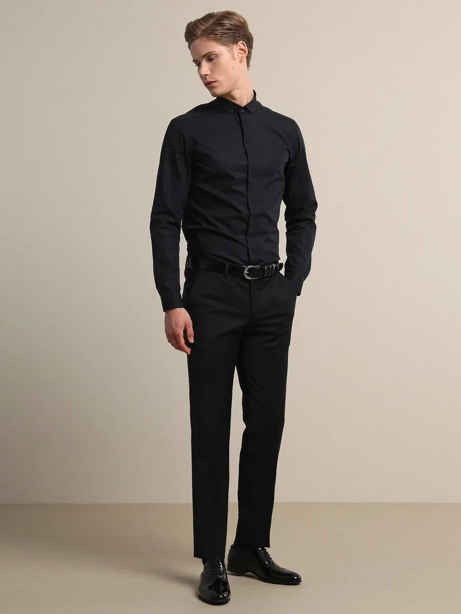 Black Weaving Fitted Fit Classical Wool Blended Trousers - 4