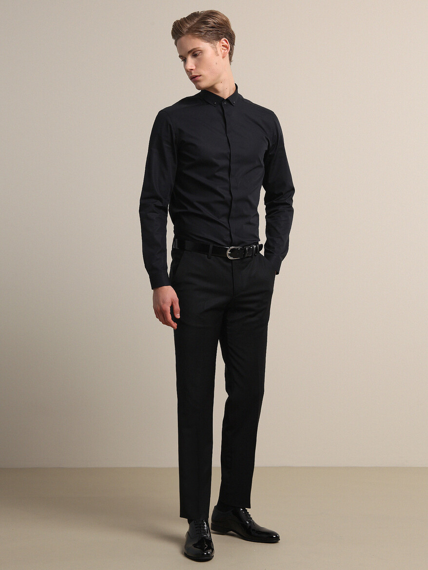 Black Weaving Fitted Fit Classical Wool Blended Trousers - 4