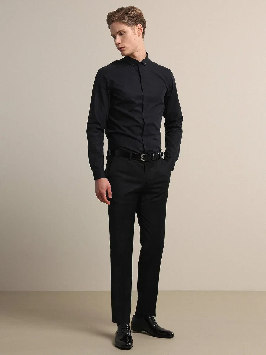 Black Weaving Fitted Fit Classical Wool Blended Trousers 