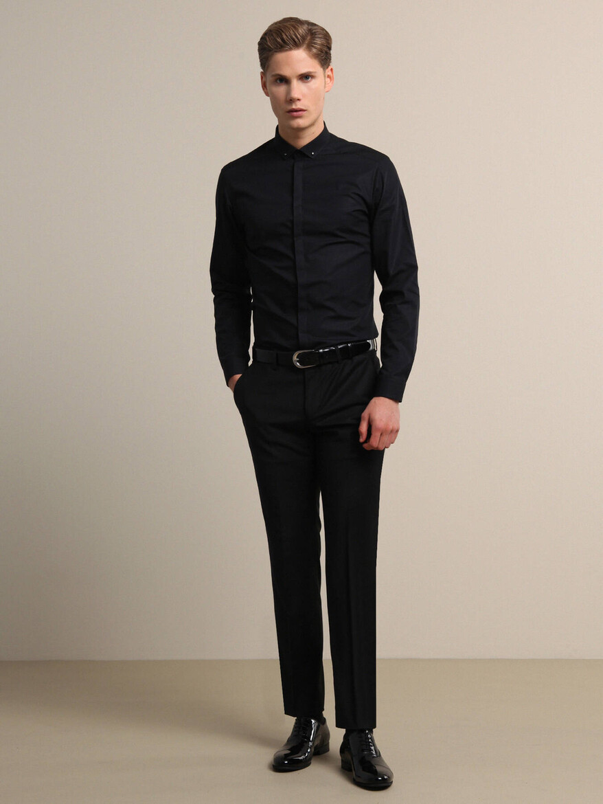 Black Weaving Fitted Fit Classical Wool Blended Trousers - 2