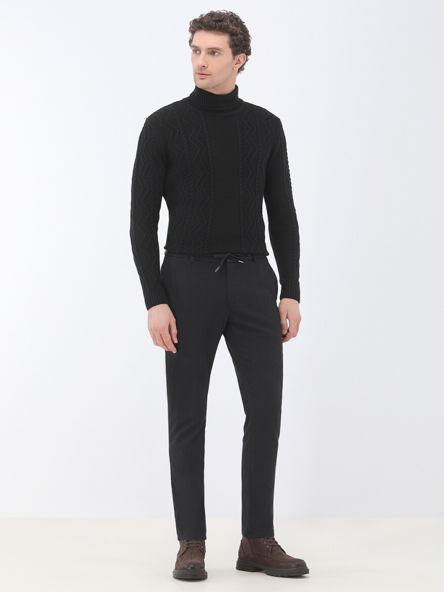 Black Weaving Jogging Fit Casual Cotton Blended Trousers - 2