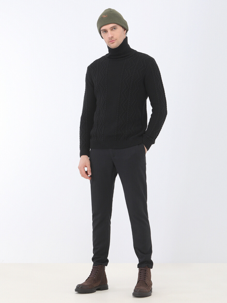 Black Weaving Jogging Fit Casual Cotton Blended Trousers - 4