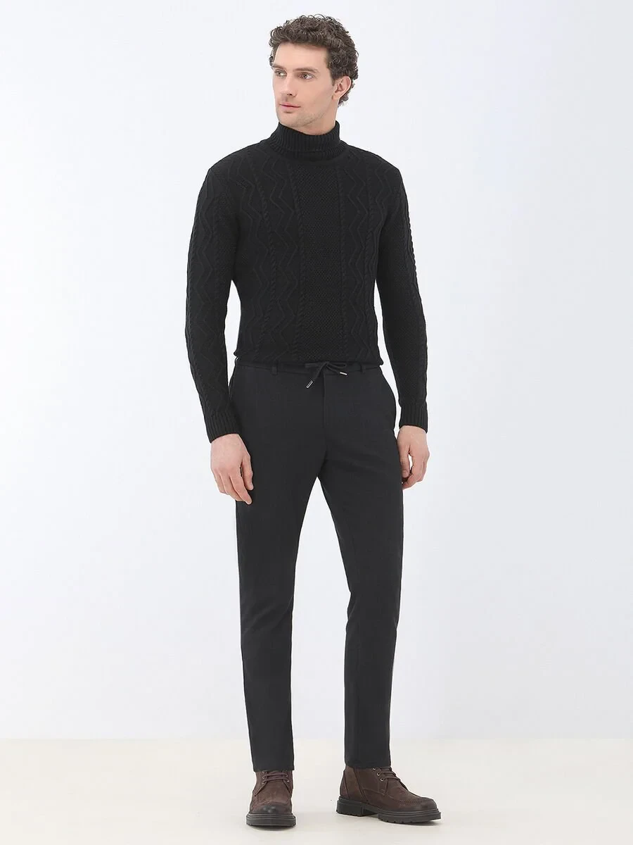 Black Weaving Jogging Fit Casual Cotton Blended Trousers - 2