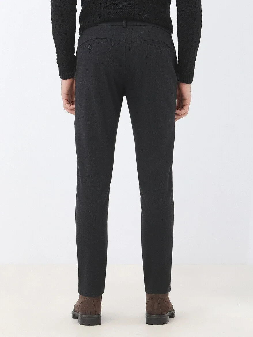 Black Weaving Jogging Fit Casual Cotton Blended Trousers - 5