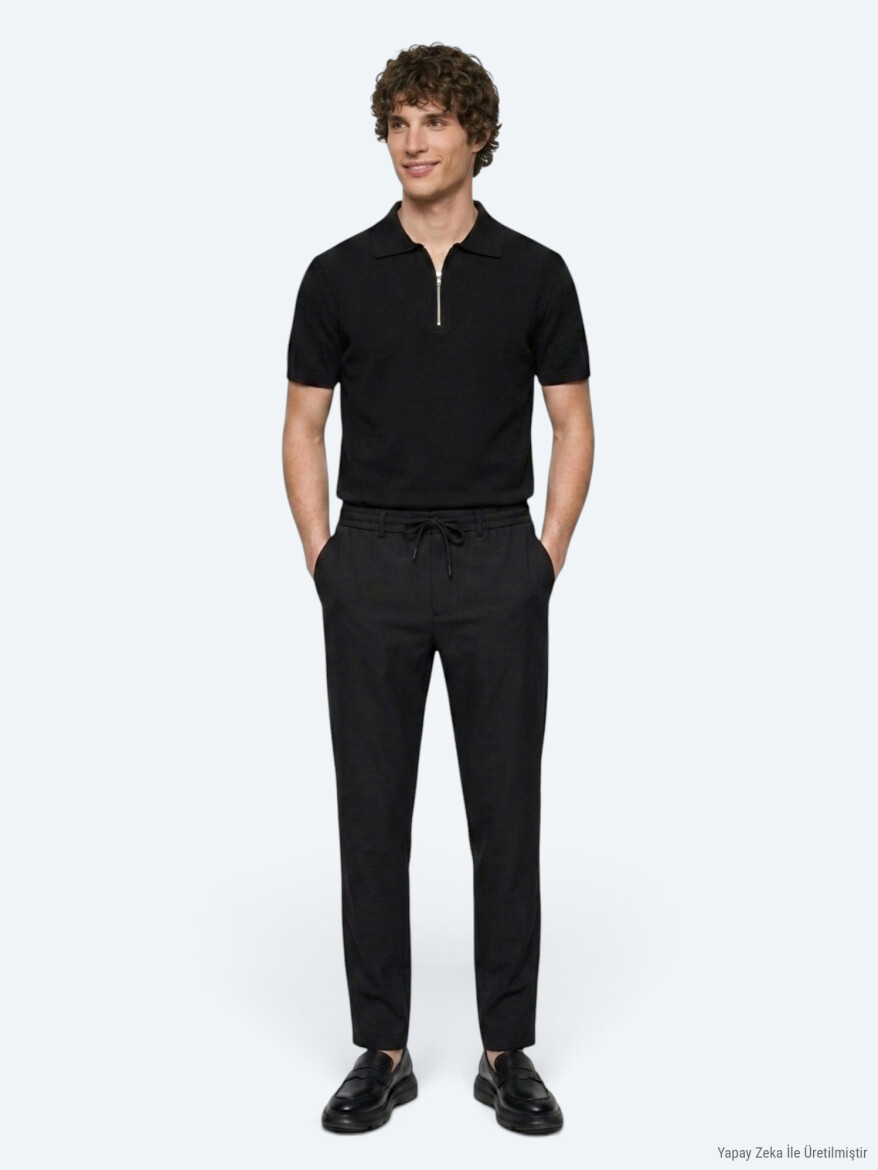 Black Weaving Jogging Fit Casual Trousers - KİP