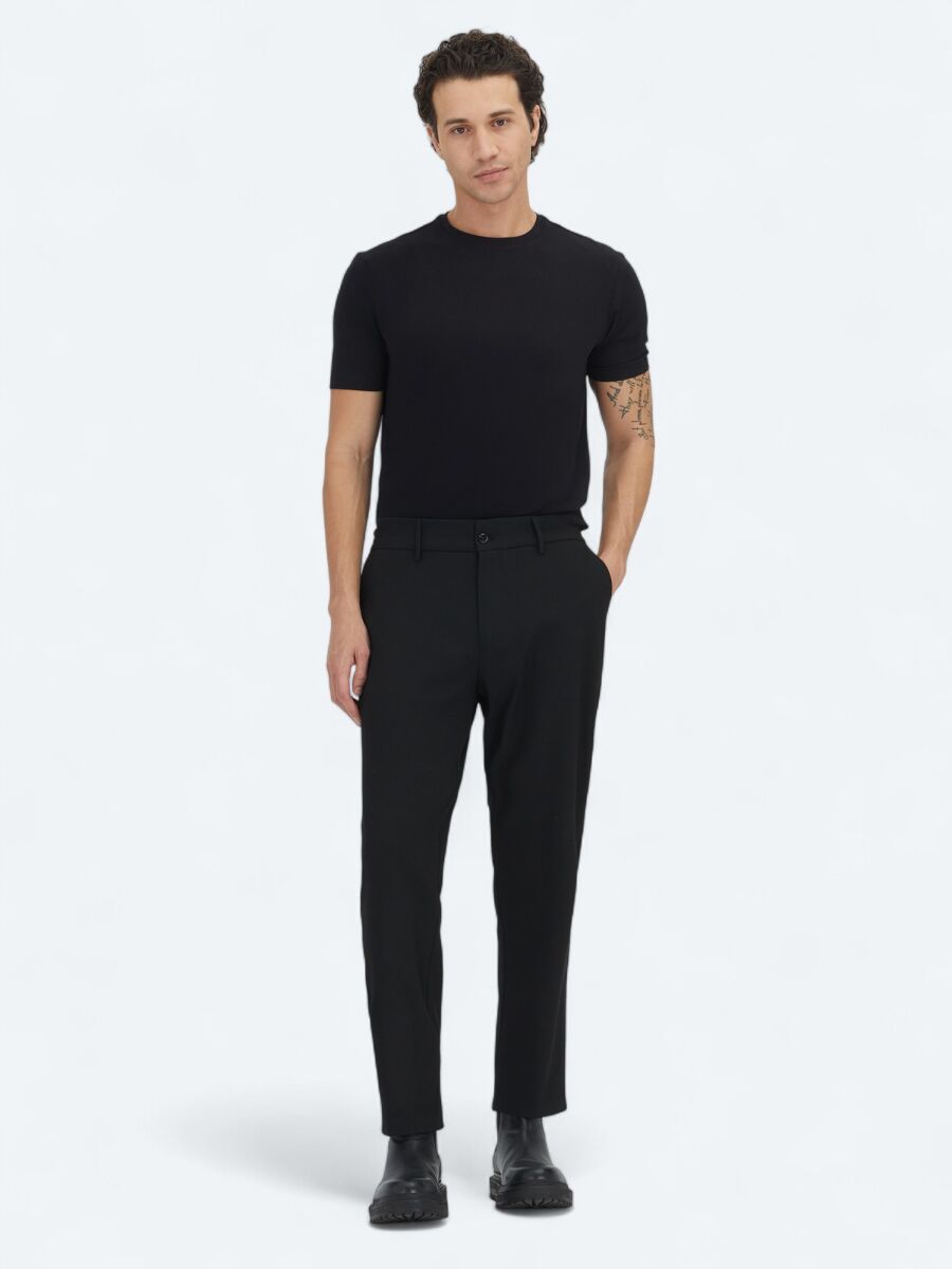 Black Weaving Jogging Fit Casual Trousers - 1