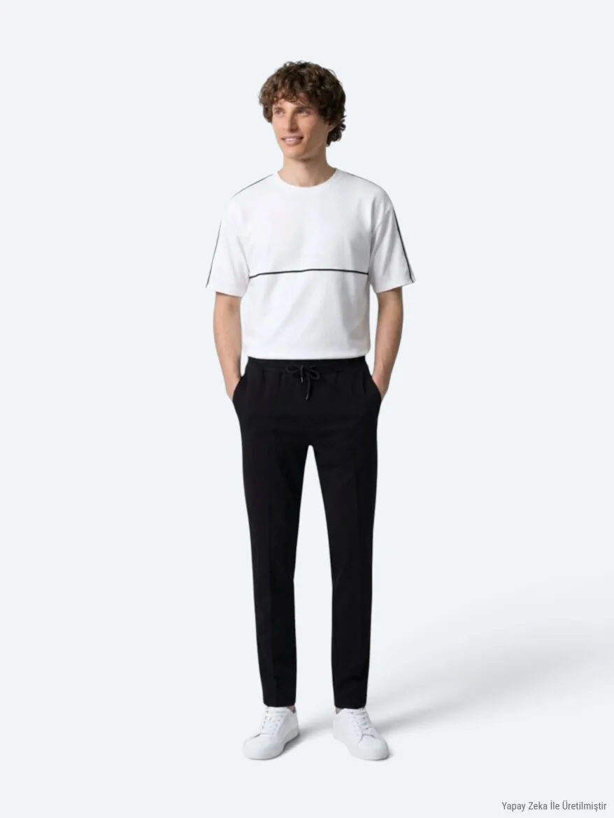 Black Weaving Jogging Fit Casual Trousers - 1