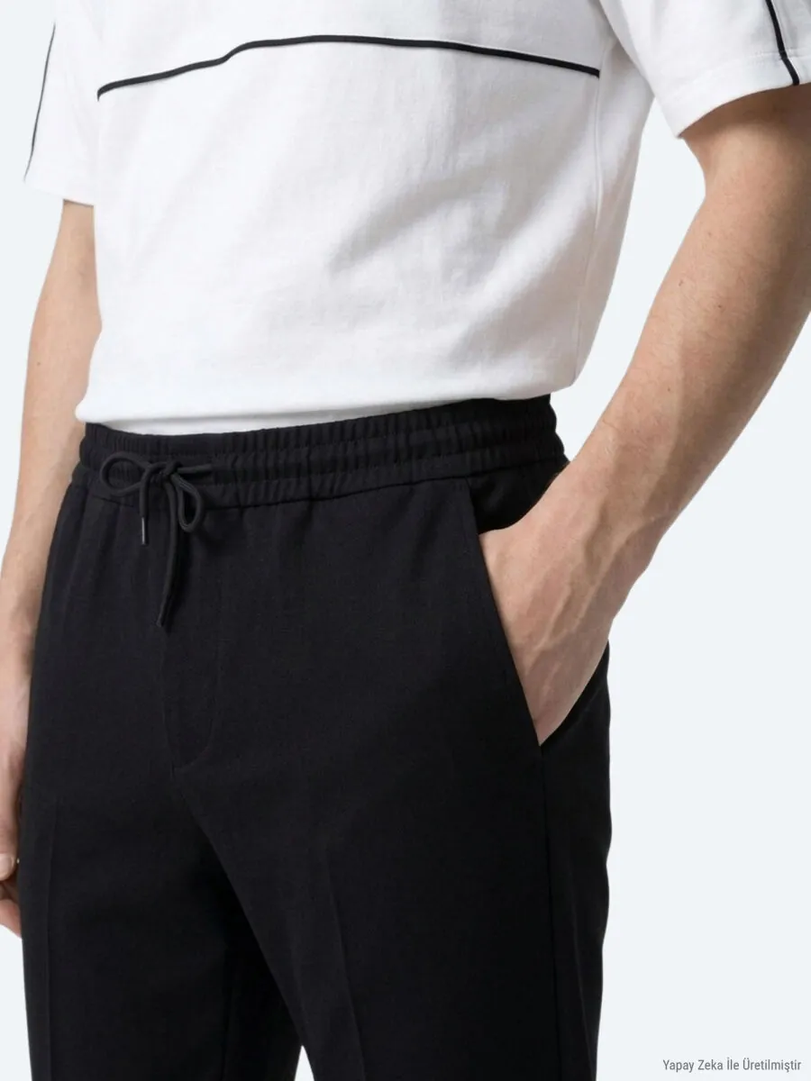 Black Weaving Jogging Fit Casual Trousers - 5
