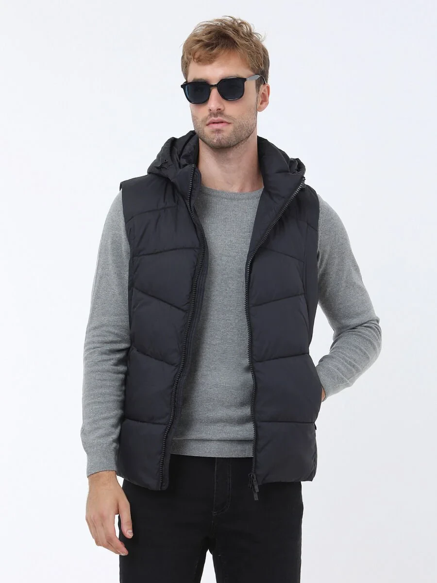 Black Weaving Puffer Vest - 1