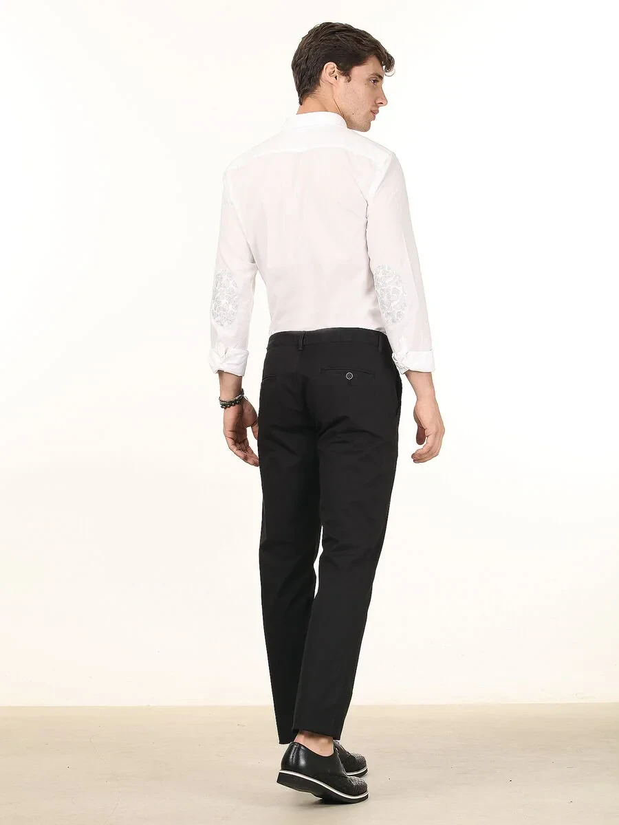 Black Weaving Regular Fit Casual Cotton Blended Trousers - 4