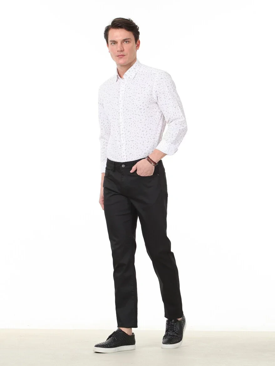 Black Weaving Regular Fit Casual Cotton Blended Trousers - 3
