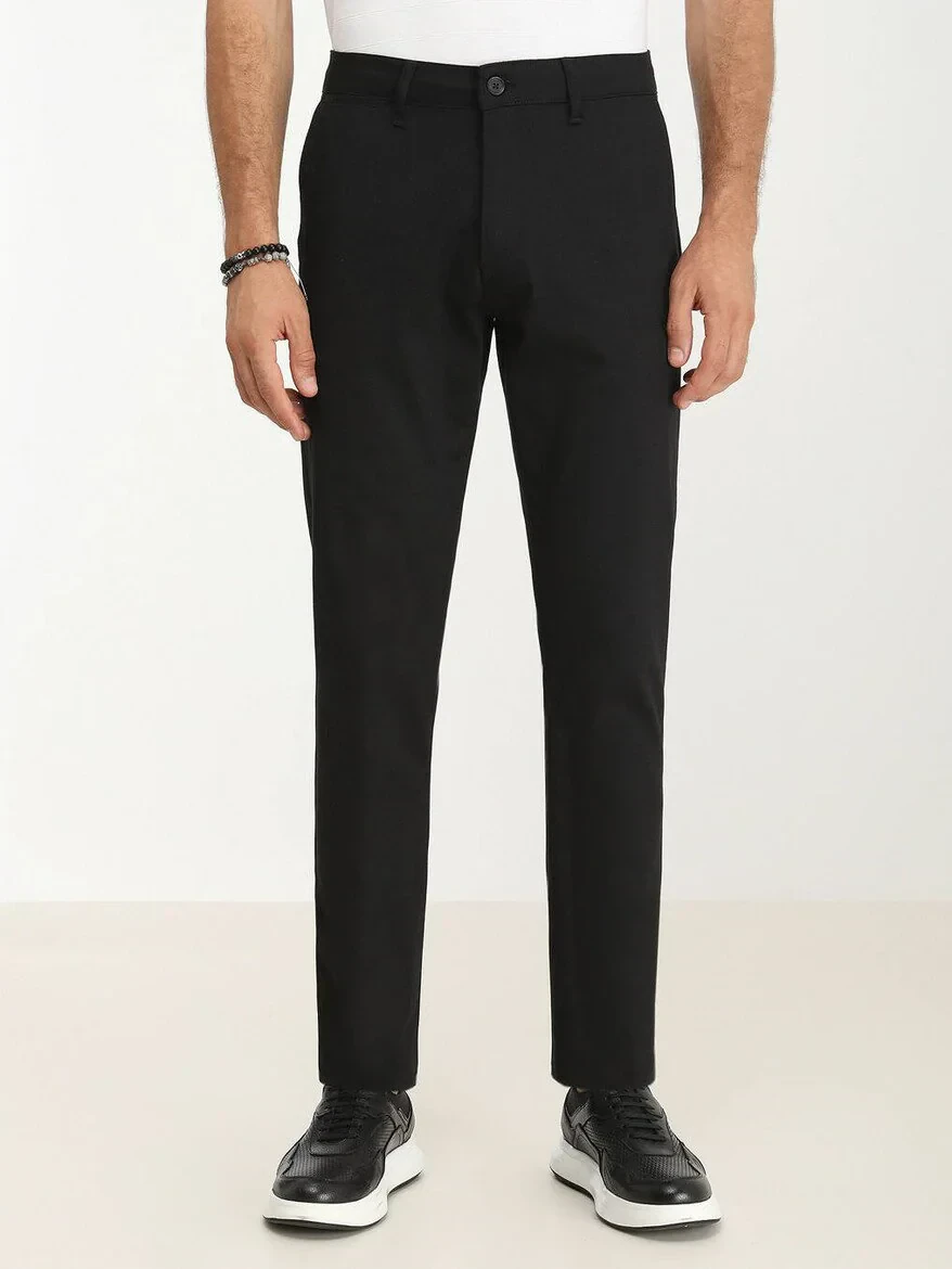 Black Weaving Regular Fit Casual Cotton Blended Trousers - 1