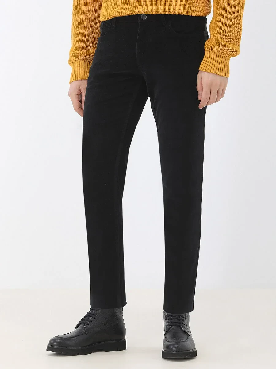 Black Weaving Regular Fit Casual Cotton Blended Trousers - 1