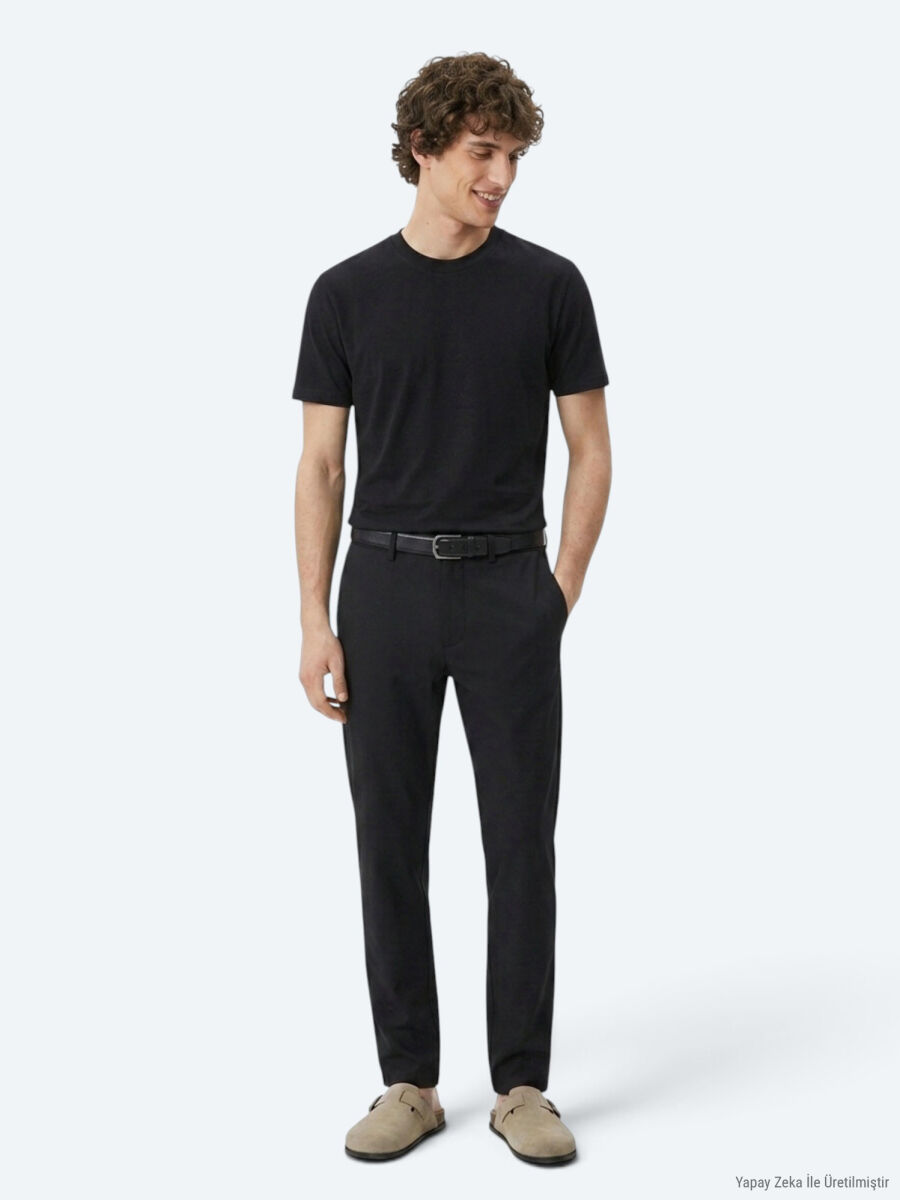 Black Weaving Regular Fit Casual Trousers - 1