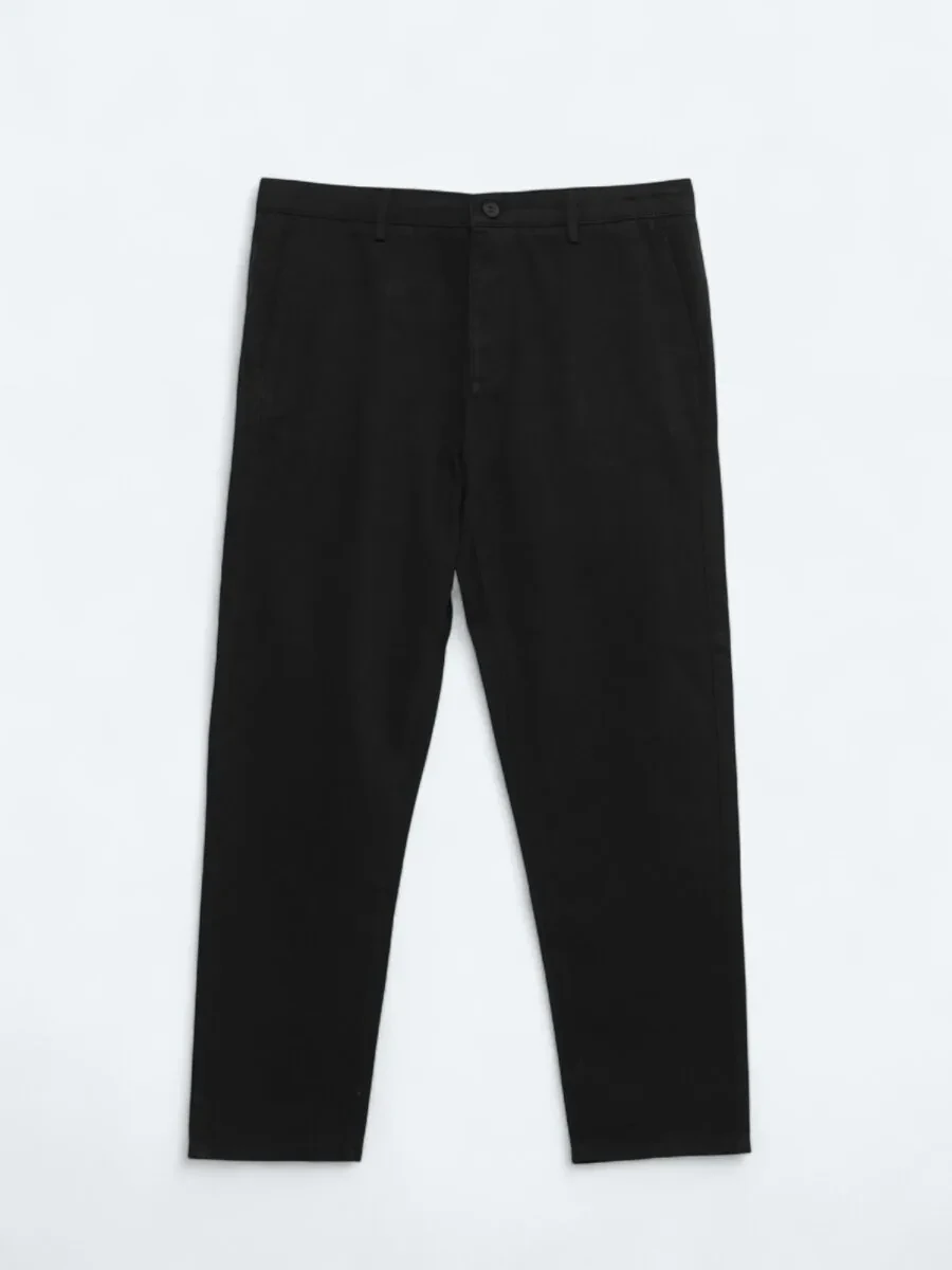 Black Weaving Relaxed Fit Casual Cotton Blended Trousers - 6