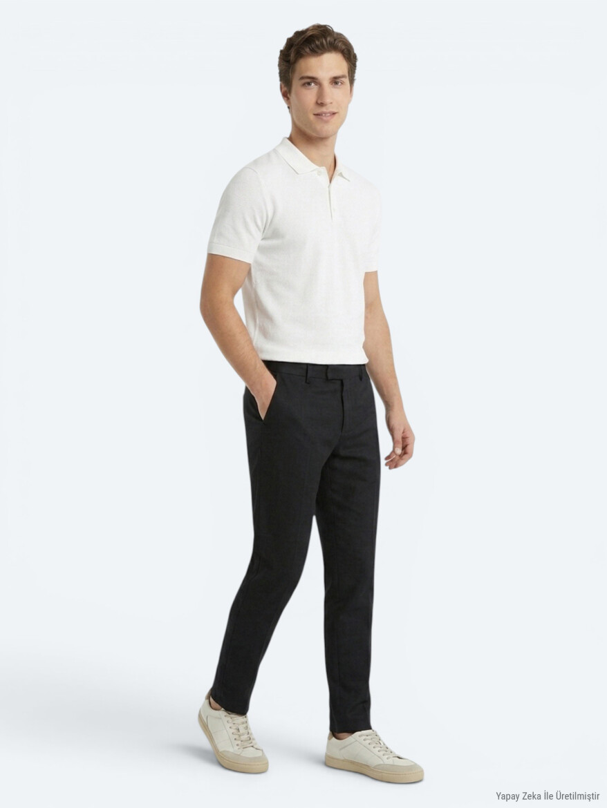 Black Weaving Relaxed Fit Casual Cotton Blended Trousers - 3