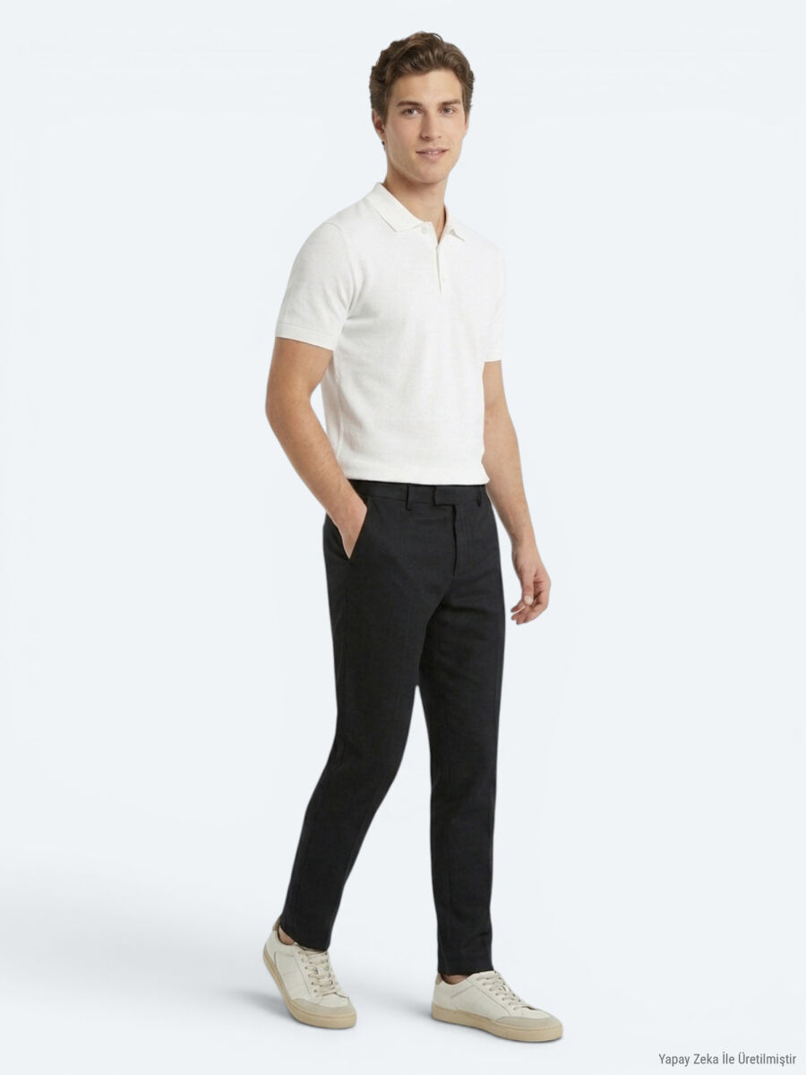 Black Weaving Relaxed Fit Casual Cotton Blended Trousers - 3