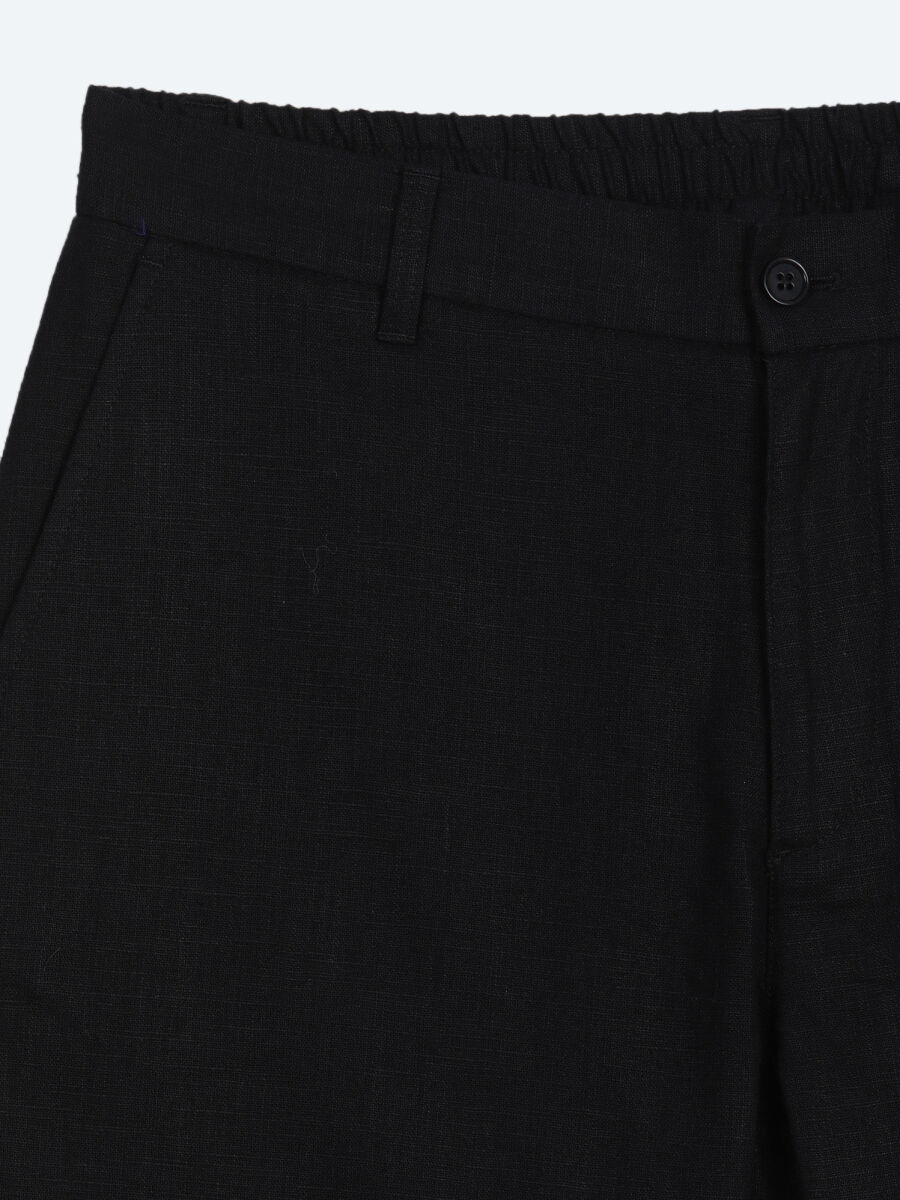 Black Weaving Relaxed Fit Casual Cotton Blended Trousers - 7