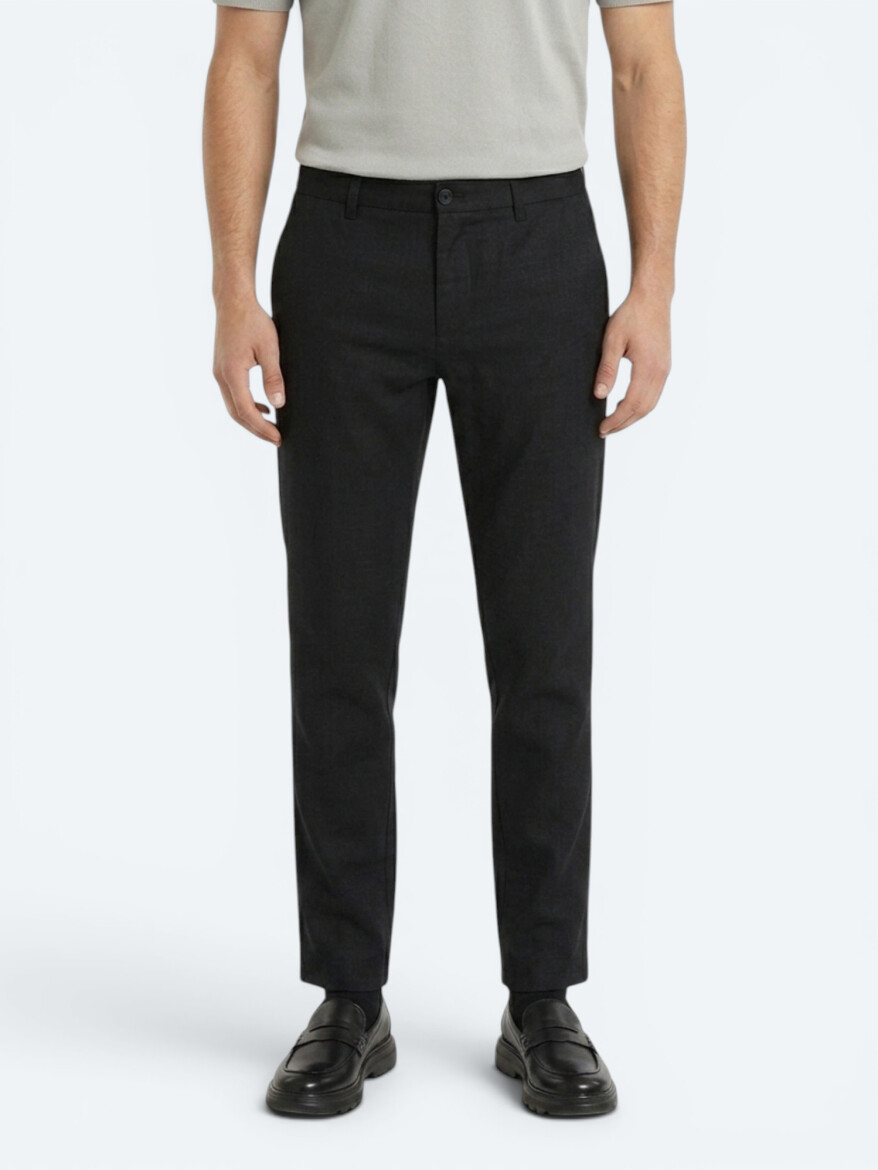 Black Weaving Relaxed Fit Casual Cotton Blended Trousers - 4