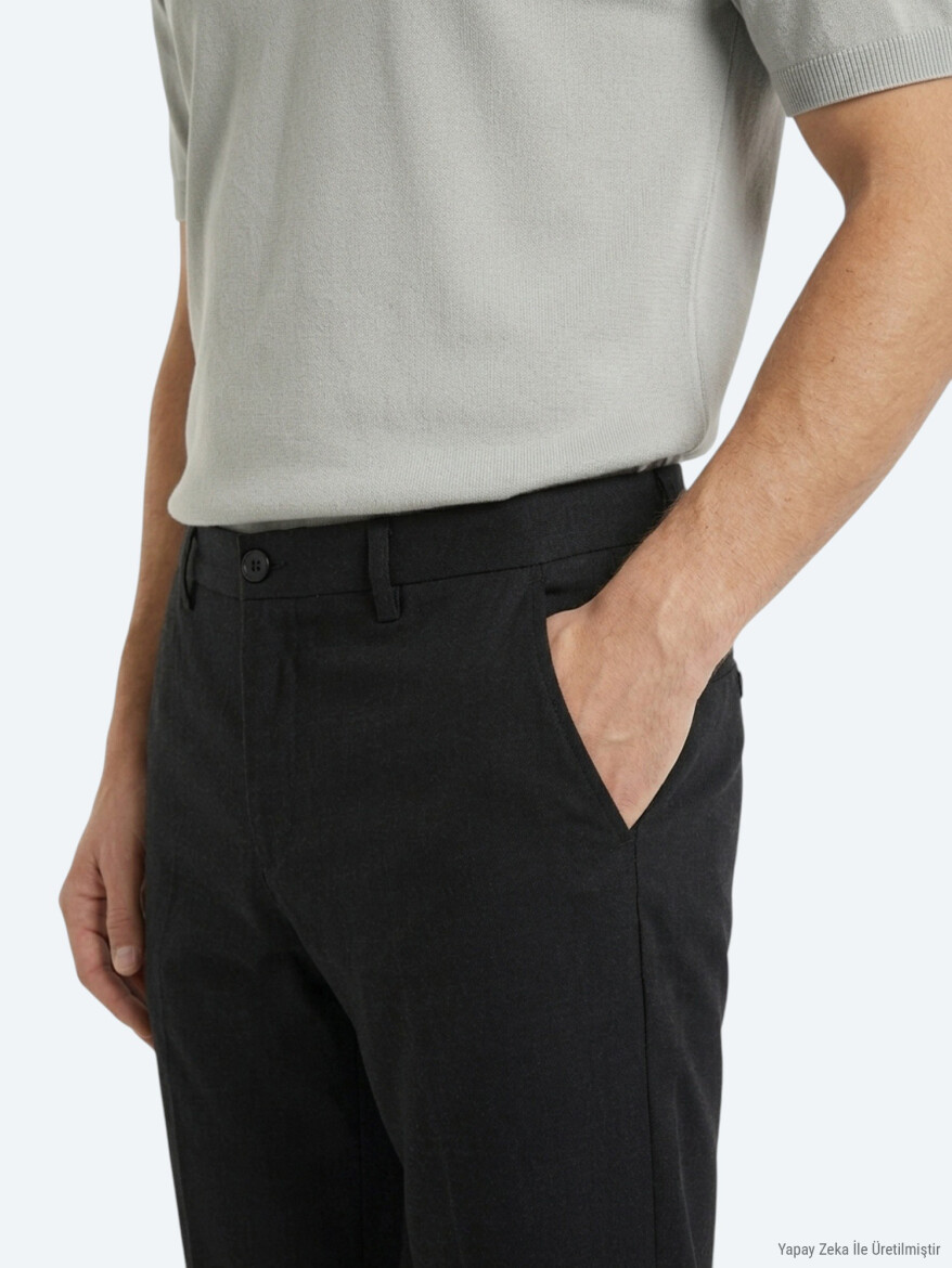 Black Weaving Relaxed Fit Casual Cotton Blended Trousers - 2