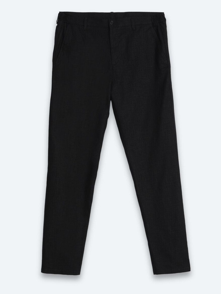 Black Weaving Relaxed Fit Casual Cotton Blended Trousers - 6