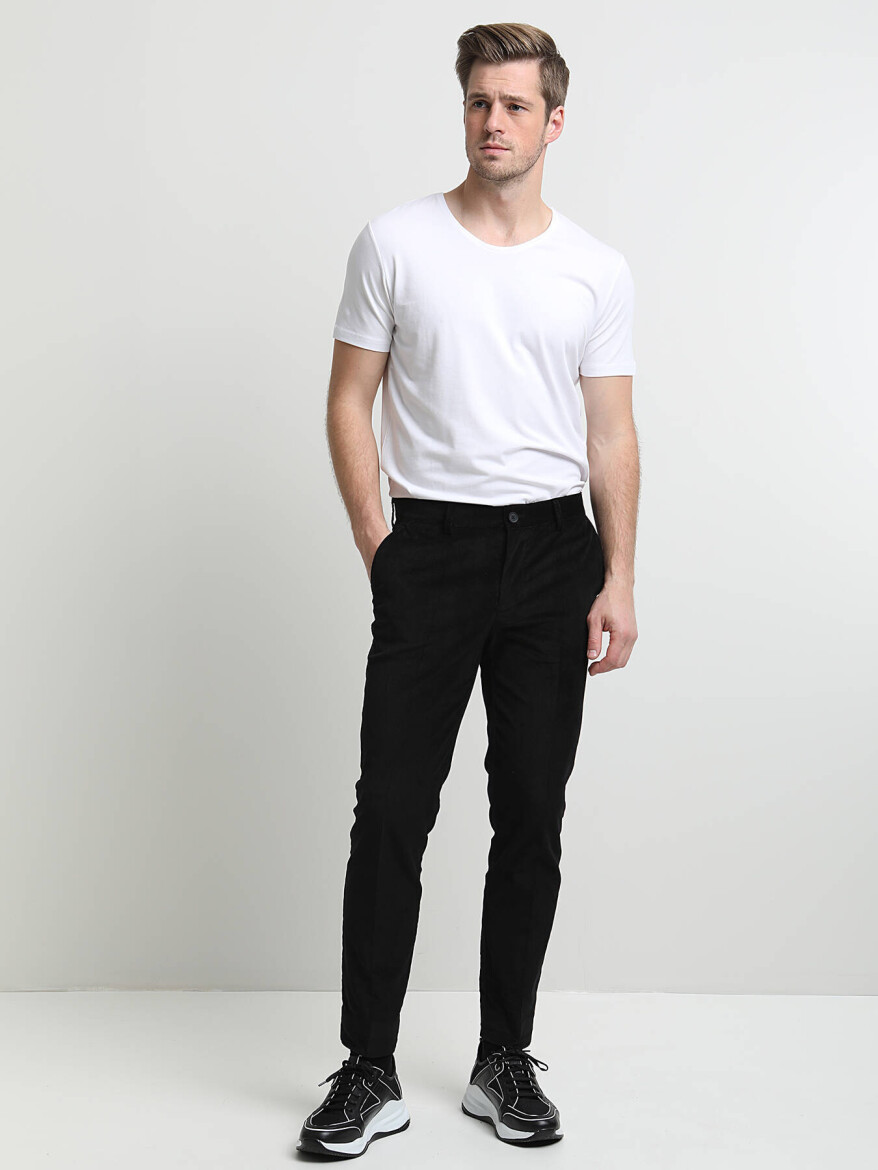 Black Weaving Slim Fit Casual Cotton Blended Trousers - 2
