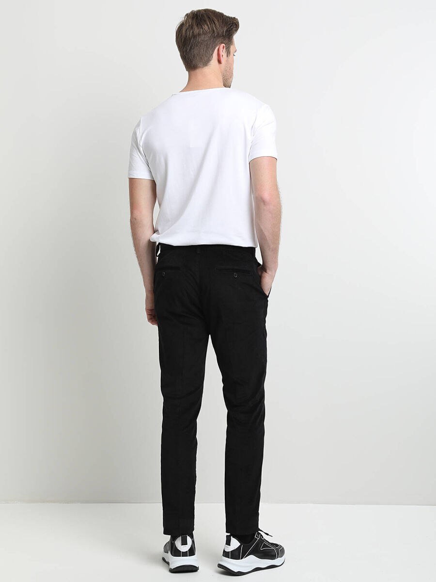 Black Weaving Slim Fit Casual Cotton Blended Trousers - 4