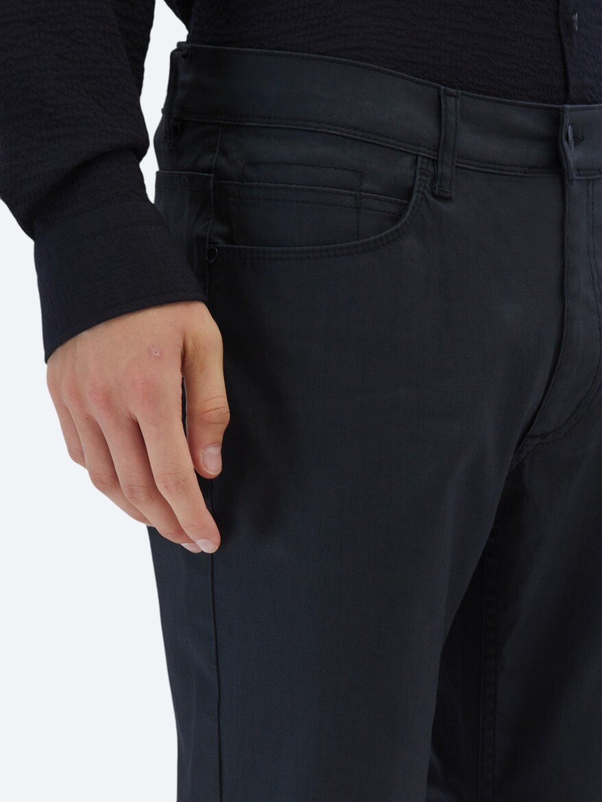 Black Weaving Slim Fit Casual Cotton Blended Trousers - 3