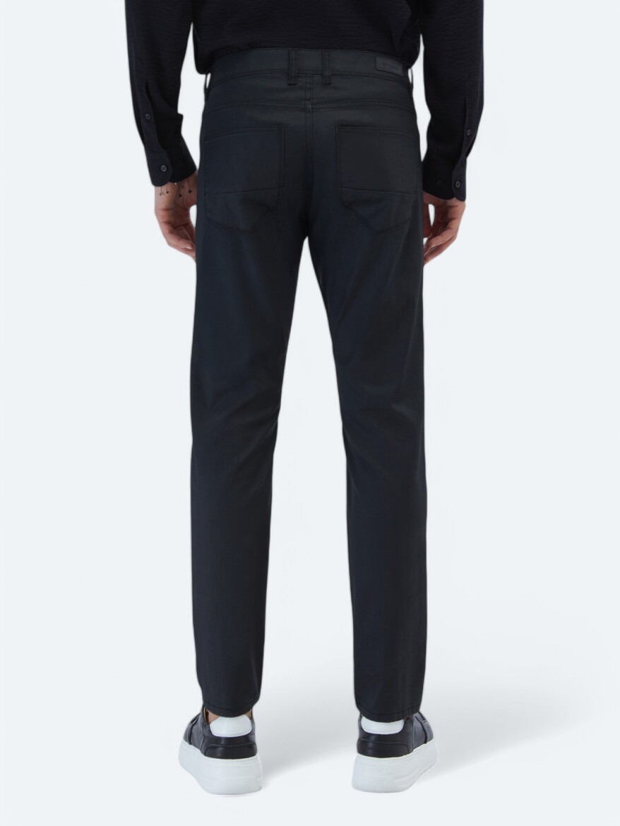 Black Weaving Slim Fit Casual Cotton Blended Trousers - 4