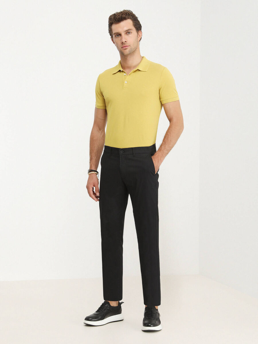 Black Weaving Slim Fit Casual Cotton Blended Trousers - 2