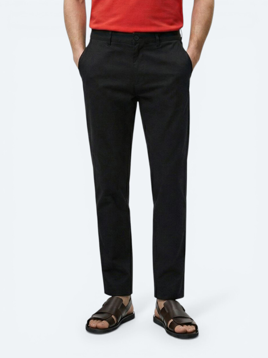 Black Weaving Slim Fit Casual Cotton Blended Trousers - 3