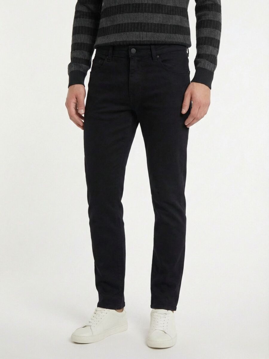 Black Weaving Slim Fit Casual Cotton Blended Trousers - 2