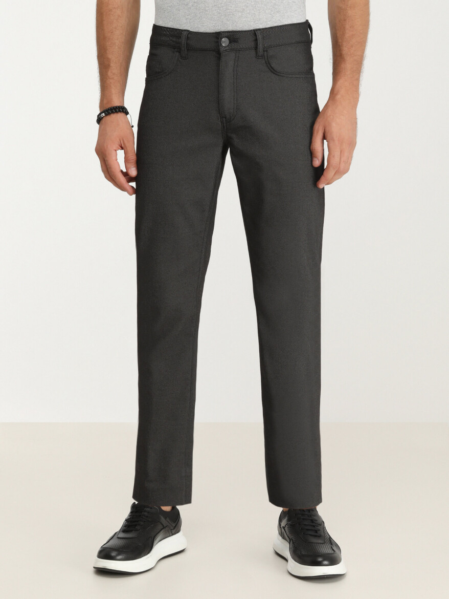 Black Weaving Slim Fit Casual Cotton Blended Trousers - KİP
