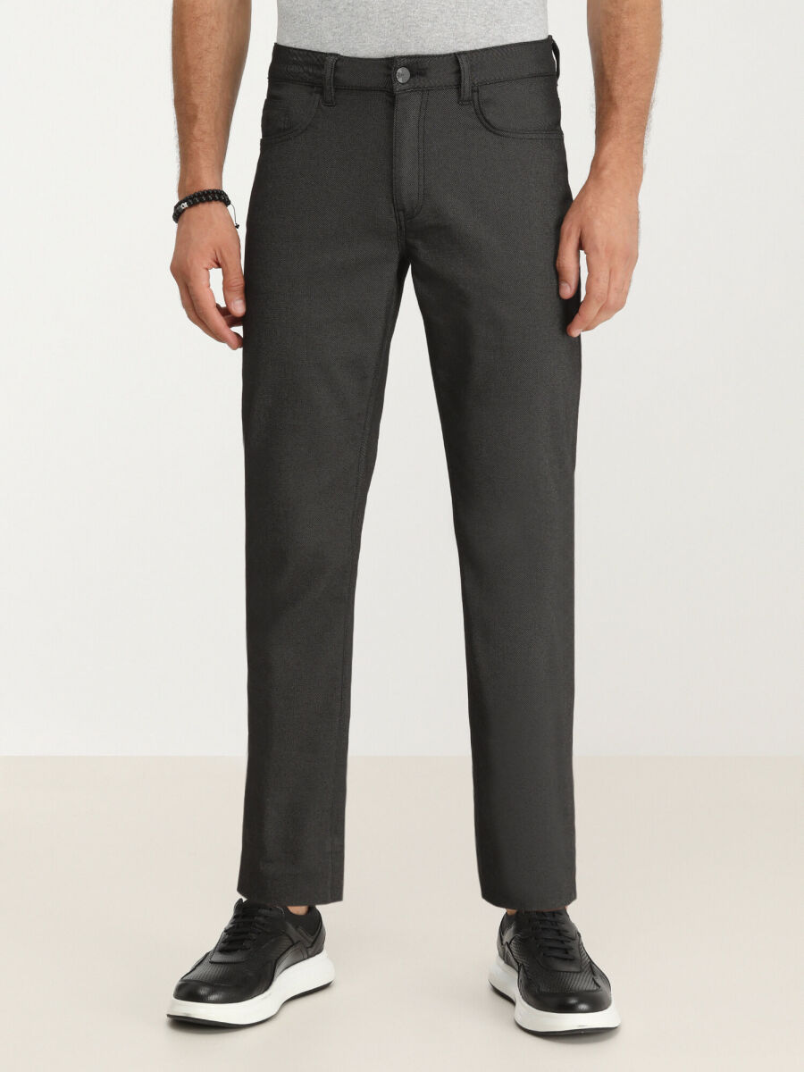 Black Weaving Slim Fit Casual Cotton Blended Trousers - 1