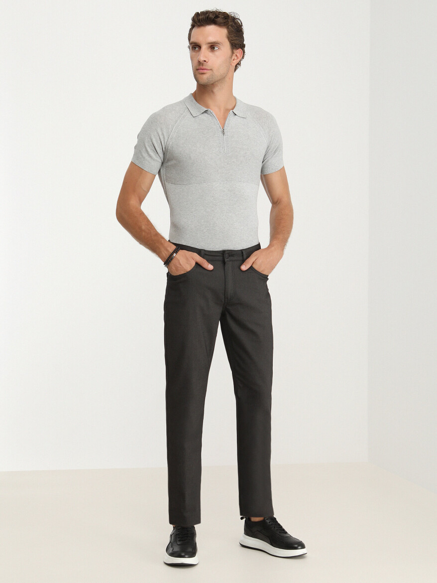 Black Weaving Slim Fit Casual Cotton Blended Trousers - KİP
