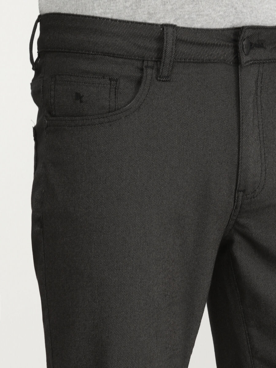 Black Weaving Slim Fit Casual Cotton Blended Trousers - 3