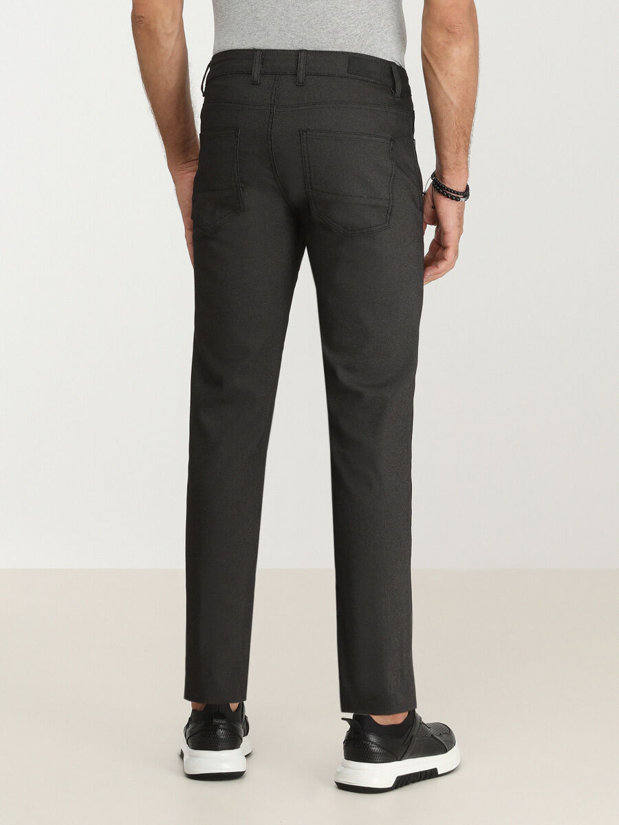 Black Weaving Slim Fit Casual Cotton Blended Trousers - 4