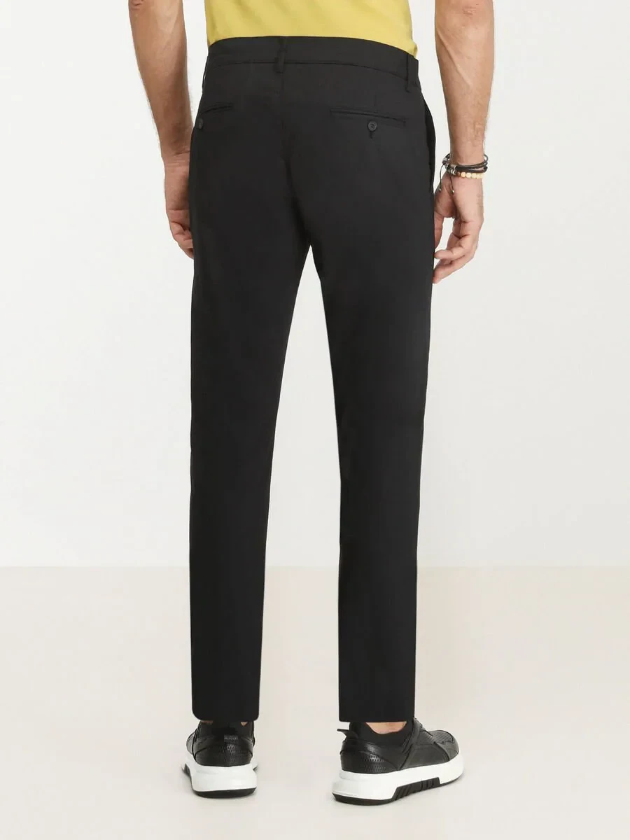 Black Weaving Slim Fit Casual Cotton Blended Trousers - 4
