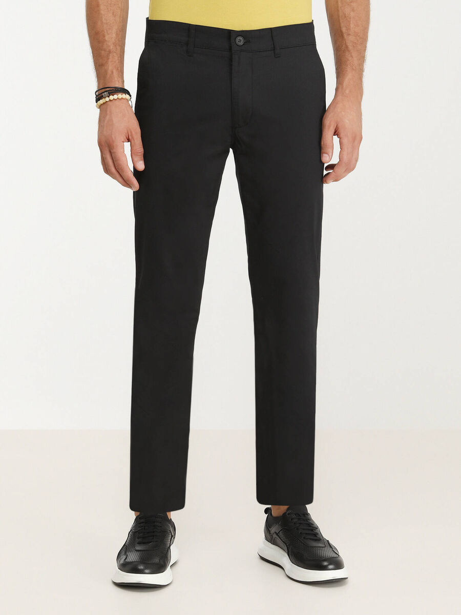 Black Weaving Slim Fit Casual Cotton Blended Trousers - 1