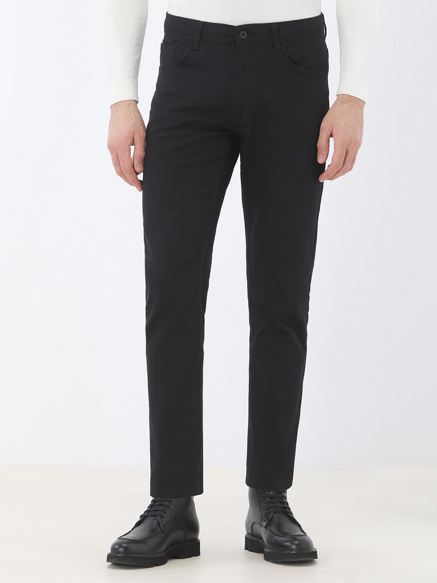 Black Weaving Slim Fit Casual Cotton Blended Trousers - 1