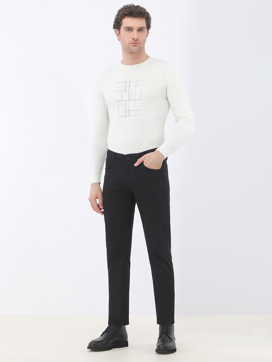 Black Weaving Slim Fit Casual Cotton Blended Trousers - 2